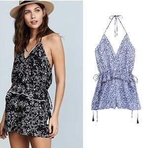 NWT Kisuii Navy Blue Floral Ofelia Cotton Silk Romper Swim Coverup XS Pockets